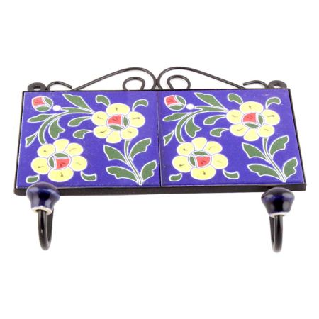 Navy Blue Yellow Flower Tiles Hooks